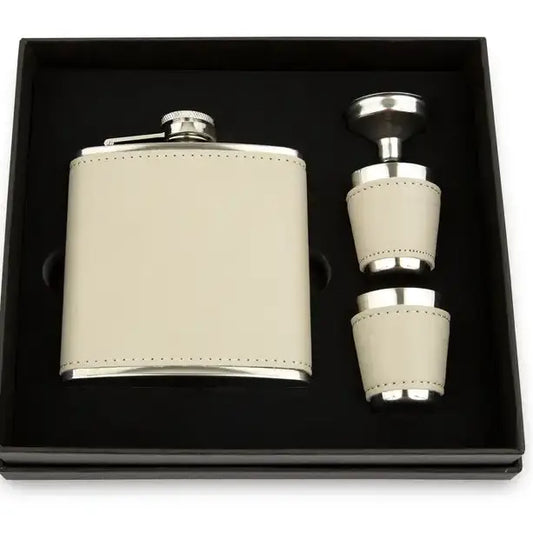 Faux Leather Wrapped Flask Gift Box Set - Blank - Silver