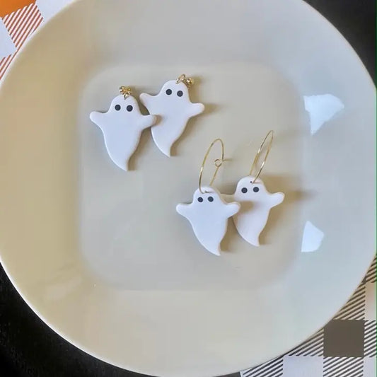 Ghost Halloween Clay Earrings - Hoop