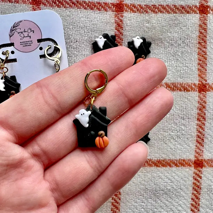 Haunted House Clay Earrings - Huggies