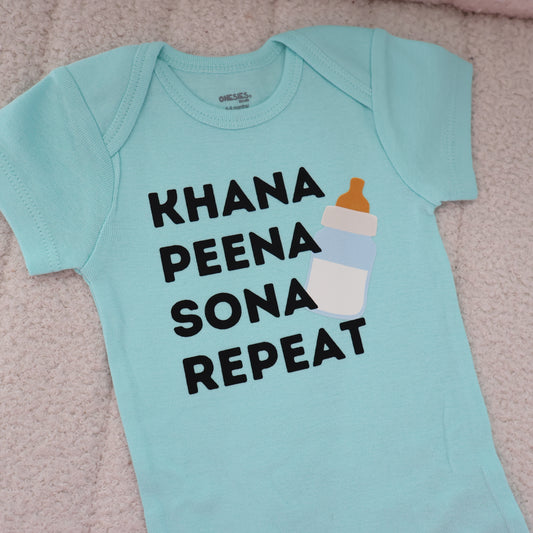 Khana Peena Sona Repeat Short Sleeve Onesie – Aqua Blue (6–9M)