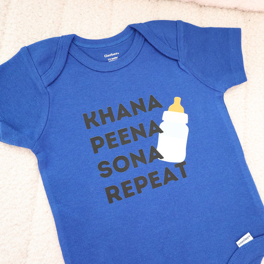 Khana Peena Sona Repeat Short Sleeve Onesie – Blue (3–6M)