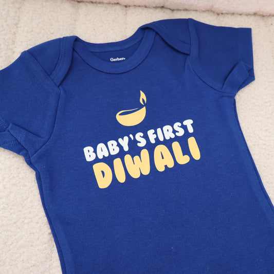 Baby’s First Diwali – Royal Blue Onesie (3–6M)