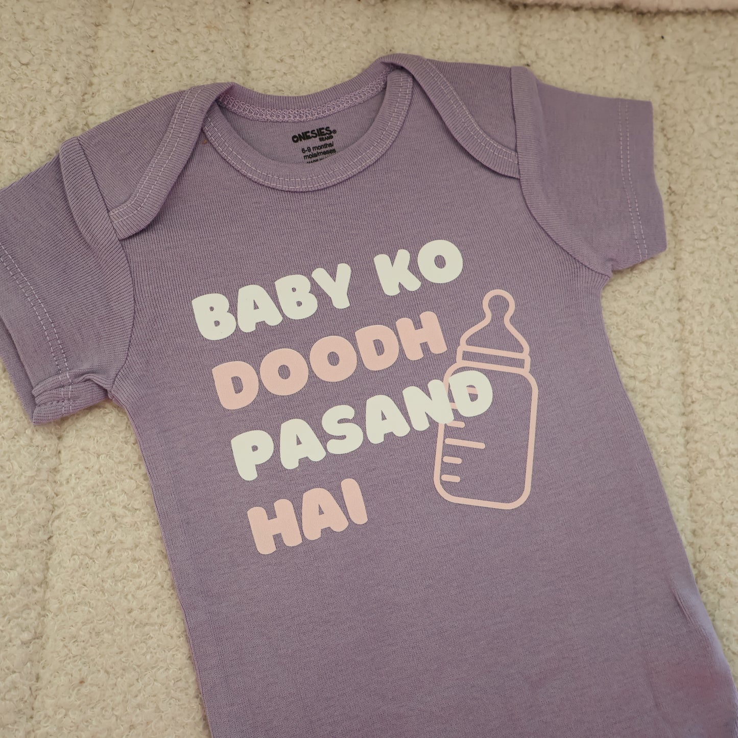 Baby Ko Doodh Pasand Hai Onesie – Purple (6–9M)