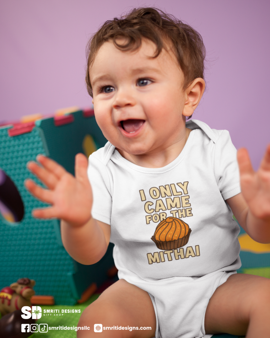 "I Only Came for the Mithai" Baby Onesie - White