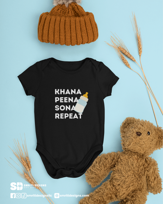 "Khana Peena Sona Repeat" Baby Onesie - Black