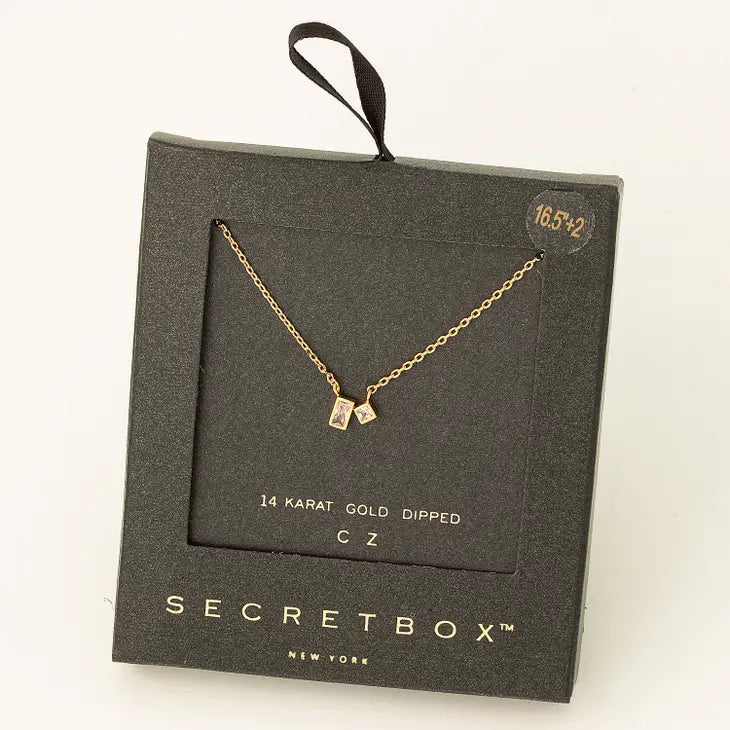 Secret Box Dainty Gold Dipped Square Cz Charm Necklace