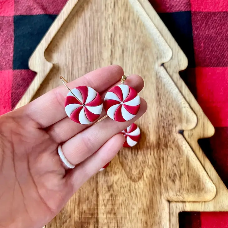 Peppermint Clay Earrings, Peppermint Earrings - Large Hoop