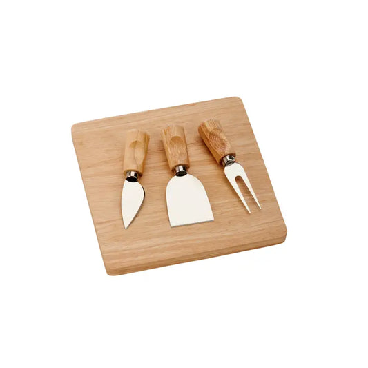 Rubberwood Cheese Cutting Board Set with 3 Cheese Knives