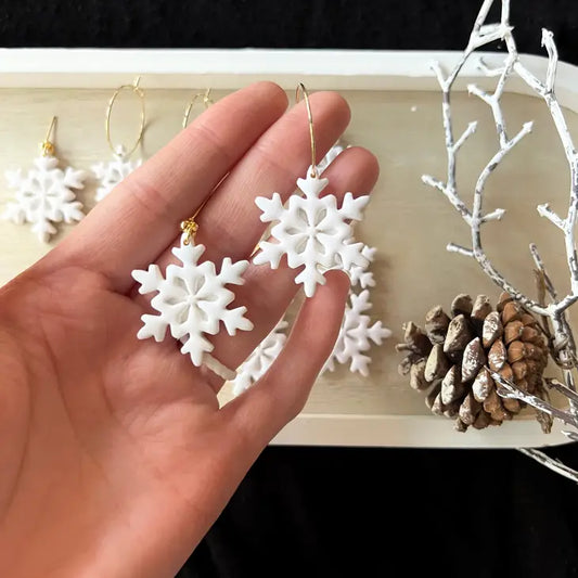 Snowflake Clay Earrings, Snowflake Hoop Earrings - Large Hoop