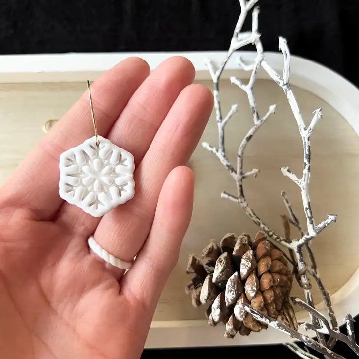 Detailed Snowflake Earrings, Snowflake Clay Earrings - Hoops