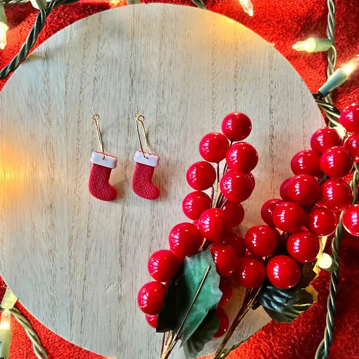 Stocking Clay Hoops, Christmas Stocking Clay Earrings