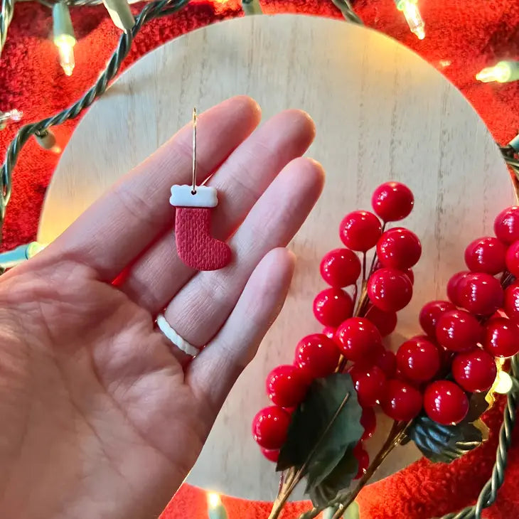 Stocking Clay Hoops, Christmas Stocking Clay Earrings