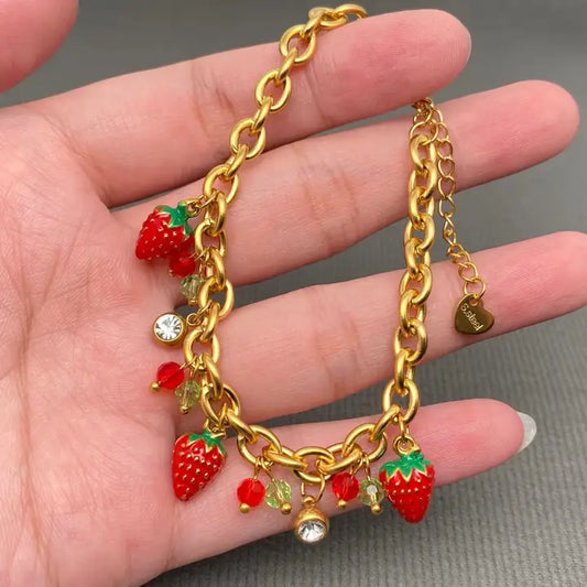 Enamel Strawberry Charm 18K Gold Plated Ss Bracelet - Fgs