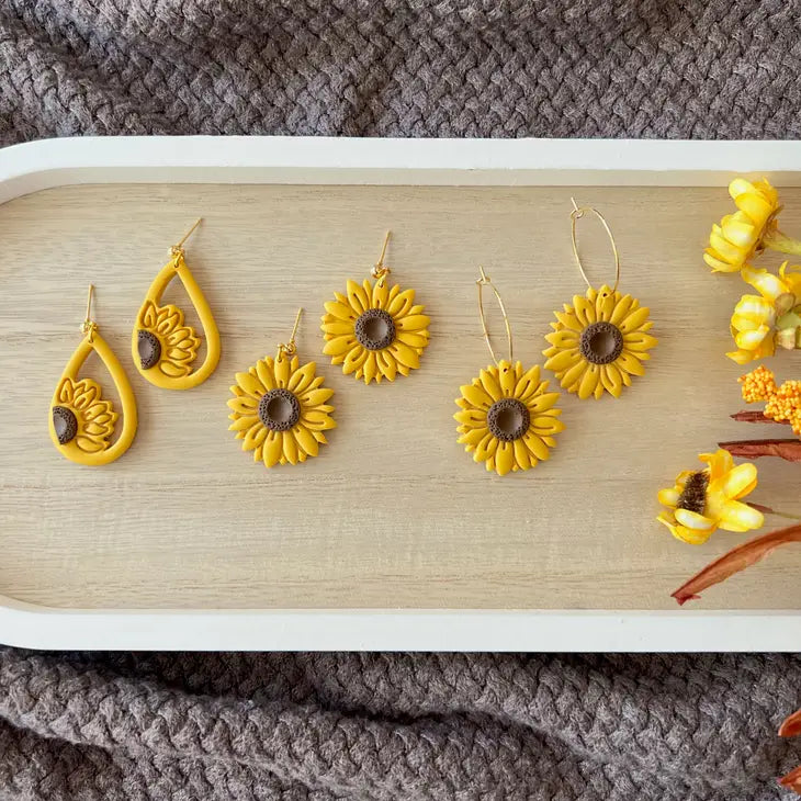 Sunflower Clay Earrings, Fall Clay Earrings - Whole Sunflower Hoops