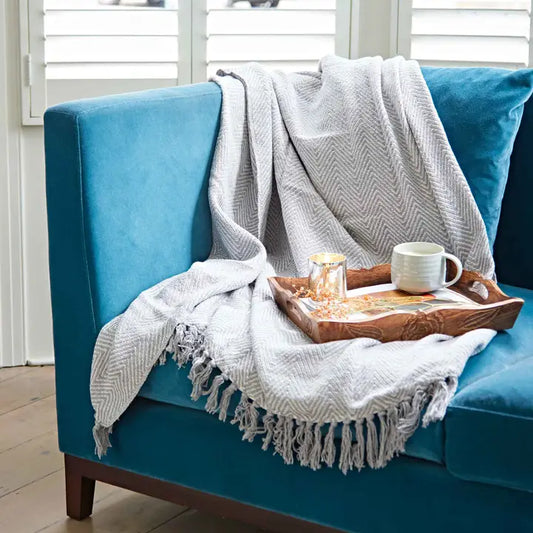 Recycled Cotton Woven Chevron Throw - Grey