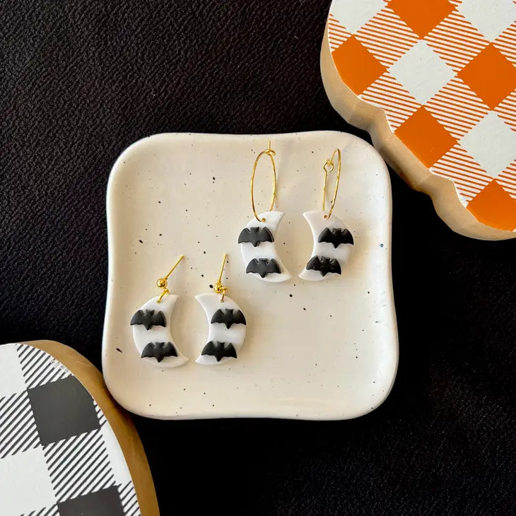 Tiny Bat Moon Clay Earrings, Halloween Earrings - Hoops