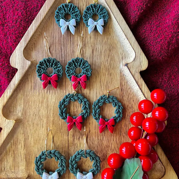 Christmas Wreath Clay Earrings -Pearl, Hoops Large (bottom)