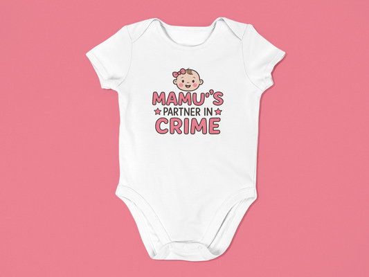"Mamu's Partner in Crime" Baby Onesie - White