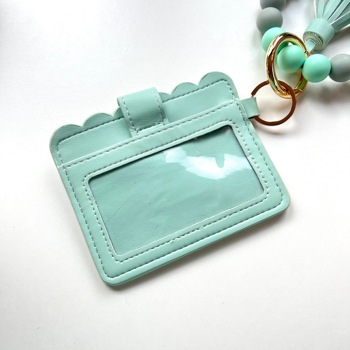 Silicone Bead Bracelet Keychain PU Leather Card Case - Green